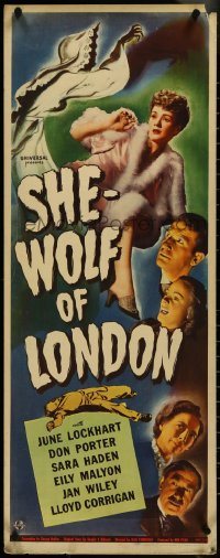 4k0285 SHE-WOLF OF LONDON insert 1946 cool art of spooky female hooded phantom + cast headshots!