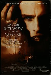 4k0817 INTERVIEW WITH THE VAMPIRE advance DS 1sh 1994 close up of fanged Tom Cruise, Brad Pitt!