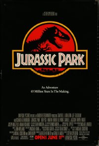 4k0822 JURASSIC PARK advance 1sh 1993 Steven Spielberg, classic logo with T-Rex over red background