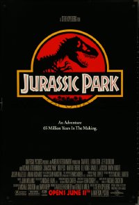 4k0823 JURASSIC PARK advance DS 1sh 1993 Steven Spielberg, classic logo with T-Rex over red background