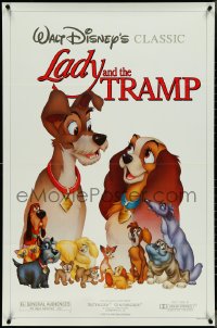 4k0829 LADY & THE TRAMP 1sh R1986 Walt Disney romantic canine dog classic cartoon, great cast image!