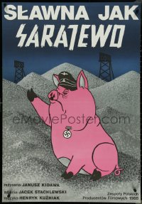 4k0406 FAMOUS LIKE SARAJEVO Polish 26x38 1988 wild Mikulska art of Nazi Hitler-esque pig saluting!