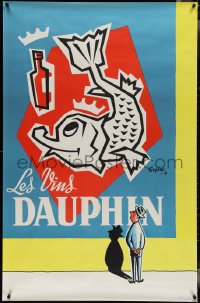 4k0048 LES VINS DAUPHIN 31x47 French advertising poster 1950s art of a man and fish wearing crown!
