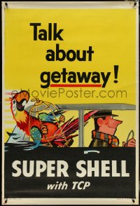4k0043 SHELL 33x48 advertising poster 1950s man driving his car with a parrot, talk about a getaway!