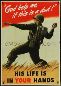 4k0109 GOD HELP ME IF THIS IS A DUD 28x40 WWII war poster 1942 soldier throwing grenade, ultra rare!