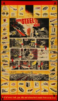4k0110 HOW STEEL IS MADE 20x35 WWII war poster 1940s art of different recyclable items, ultra rare!