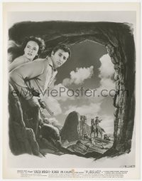 4p1352 PURSUED 8x10.25 still 1947 photo of Teresa Wright + Robert Mitchum over cool artwork!