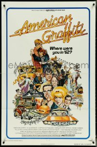 4p0638 AMERICAN GRAFFITI 1sh 1973 George Lucas teen classic, Mort Drucker montage art of cast!