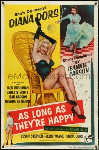 4p0640 AS LONG AS THEY'RE HAPPY 1sh 1957 sexy Diana Dors barely dressed in wicker chair!
