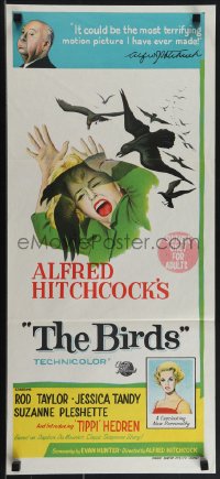 4p0319 BIRDS Aust daybill 1963 director Alfred Hitchcock shown, Tippi Hedren, attack artwork!