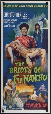 4p0321 BRIDES OF FU MANCHU Aust daybill 1966 different litho art of Asian villain Christopher Lee!