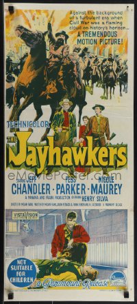 4p0336 JAYHAWKERS Aust daybill 1959 Richardson Studio art of cowboys, Jeff Chandler, Fess Parker!