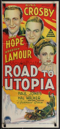 4p0348 ROAD TO UTOPIA Aust daybill 1946 Hope, Lamour, Crosby, Richardson Studio art, ultra rare!