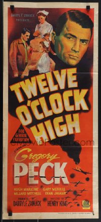 4p0362 TWELVE O'CLOCK HIGH Aust daybill 1950 art of World War II pilot Gregory Peck, ultra rare!