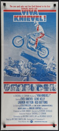 4p0367 VIVA KNIEVEL Aust daybill 1977 artwork of the greatest daredevil jumping his motorcycle!