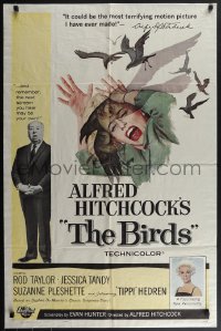 4p0655 BIRDS 1sh 1963 director Alfred Hitchcock shown, Tippi Hedren, classic intense attack art!