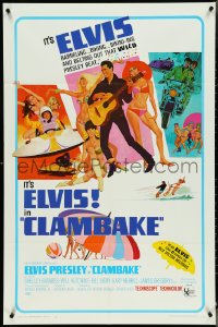 4p0676 CLAMBAKE 1sh 1967 McGinnis art of Elvis Presley in boat w/sexy ladies, rock & roll!