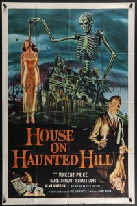4p0775 HOUSE ON HAUNTED HILL 1sh 1959 classic art of Vincent Price & skeleton with hanging girl!