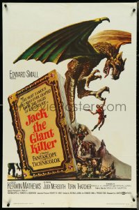 4p0790 JACK THE GIANT KILLER 1sh 1962 cool fantasy art of Kerwin Mathews battling dragon from book!