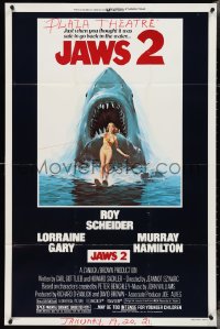 4p0792 JAWS 2 1sh 1978 great classic art of giant shark attacking girl on water skis by Lou Feck!