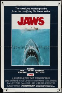 4p0791 JAWS 1sh 1975 art of Spielberg's classic man-eating shark attacking naked swimmer!