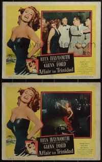 4p0612 AFFAIR IN TRINIDAD 2 LCs 1952 Rita Hayworth slapped by Ford and on stage in low-cut dress!