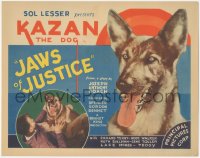 4p0397 JAWS OF JUSTICE TC 1933 close up of Kazan the German Shepherd dog & pinning bad guy to floor!