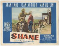 4p0540 SHANE LC #5 1953 best card in set, Alan Ladd in buckskin on horseback with Brandon de Wilde!
