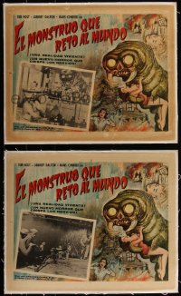 4p0021 MONSTER THAT CHALLENGED THE WORLD 2 linen Mexican LCs R1960s great art of creature & victim!