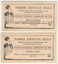 4p1017 THEATRICAL STAGE EMPLOYEES & MOVING PICTURE OPERATORS THIRD ANNUAL BALL 2 tickets 1925 cool!