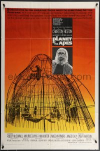 4p0864 PLANET OF THE APES 1sh 1968 Charlton Heston, classic sci-fi, cool art of caged humans!