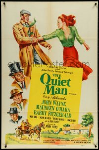 4p0872 QUIET MAN 1sh R1956 great art of John Wayne & Maureen O'Hara, John Ford classic, rare!