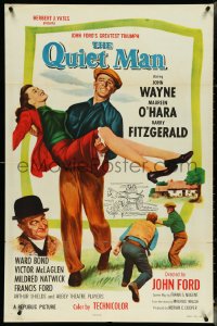 4p0873 QUIET MAN 1sh R1957 great image of John Wayne carrying Maureen O'Hara, John Ford classic!