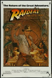 4p0876 RAIDERS OF THE LOST ARK 1sh R1982 great Richard Amsel art of adventurer Harrison Ford!