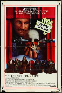 4p0942 THEATRE OF BLOOD 1sh 1973 great art of Vincent Price holding bloody skull w/dead audience!