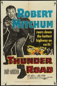 4p0946 THUNDER ROAD 1sh 1958 great artwork of moonshiner Robert Mitchum!