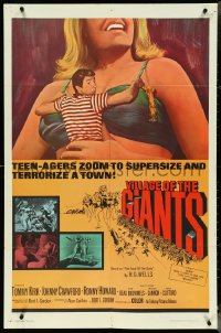 4p0965 VILLAGE OF THE GIANTS 1sh 1965 classic image of boy in gigantic sexy girl's cleavage!
