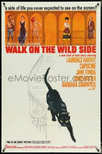 4p0967 WALK ON THE WILD SIDE 1sh 1962 cool artwork of black cat on stairs & sexy stars on balcony!