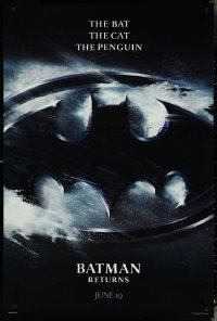 4w0748 BATMAN RETURNS teaser 1sh 1992 Burton, Keaton, The Bat, The Cat, The Penguin, logo design!