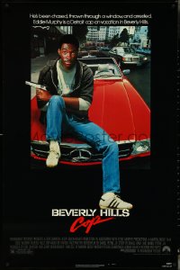 4w0749 BEVERLY HILLS COP 1sh 1984 great image of detective Eddie Murphy sitting on red Mercedes!