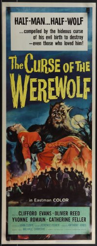 4w0162 CURSE OF THE WEREWOLF insert 1961 Hammer, art of Oliver Reed holding victim surrounded by mob