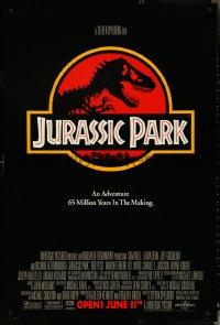 4w0876 JURASSIC PARK advance DS 1sh 1993 Steven Spielberg, logo with T-Rex over red background!