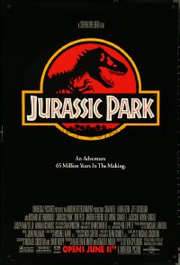 4w0874 JURASSIC PARK advance 1sh 1993 Steven Spielberg, classic logo with T-Rex over red background!