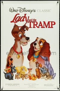4w0882 LADY & THE TRAMP 1sh R1986 Walt Disney romantic canine dog classic cartoon, great cast image!