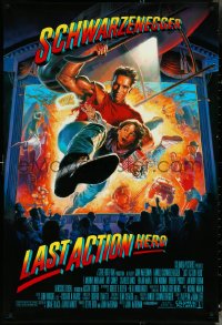 4w0883 LAST ACTION HERO 1sh 1993 cool Morgan art of Arnold Schwarzenegger crashing through screen!