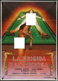 4w0658 DESIRES OF A NYMPHOMANIAC Spanish 1982 Mistiano art of sexy woman bound on pool table, rare!