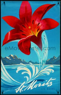 4w0548 ST. MORITZ 25x40 Swiss travel poster 1958 Martin Peikert art of red lily over water!