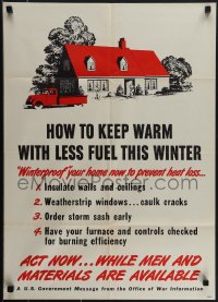 4w0331 HOW TO KEEP WARM WITH LESS FUEL THIS WINTER 20x28 WWII war poster 1940s conservation!