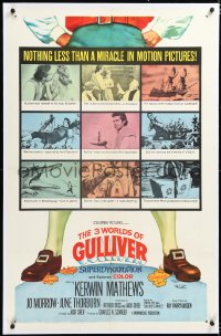 4x0012 3 WORLDS OF GULLIVER linen 1sh 1960 Ray Harryhausen classic, art of giant Kerwin Mathews!