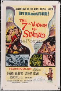 4x0017 7th VOYAGE OF SINBAD signed linen 1sh 1958 by special FX master Ray Harryhausen, Dynamation!